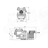 Technical dimensional schematic drawing showing front and side elevation measurements for the AstralPool XP-Series 1.5 HP pool pump isolated on white.