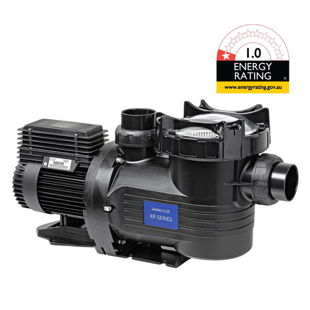 Side studio view of a black AstralPool XP-Series 1.5 HP pool pump featuring a clear lint lid, quick-connect unions, side branding badge, and a 1.0-star Energy Rating badge in the top right corner isolated on white.