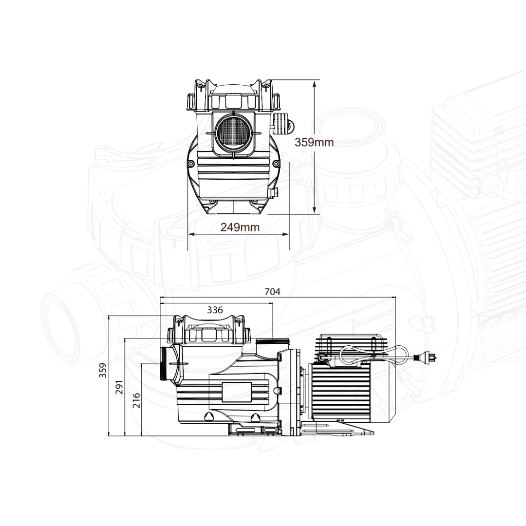 Technical dimensional schematic drawing showing front and side elevation measurements for the AstralPool XP-Series 2.0 HP pool pump isolated on white.