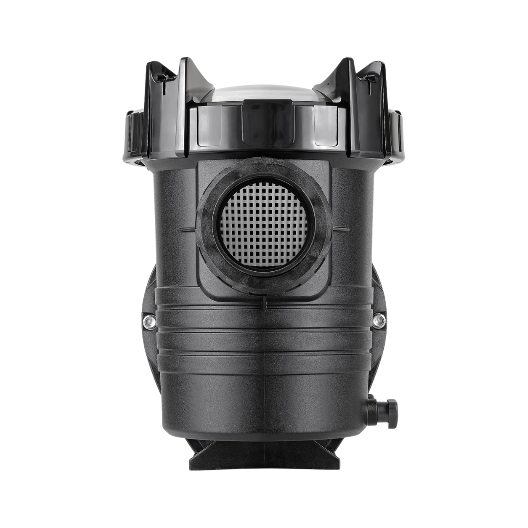 Direct front studio view of an AstralPool XP-Series 2.0 HP pool pump, showing the front suction port with internal basket mesh visible, lid lock ring, and lower drain plug isolated on white.