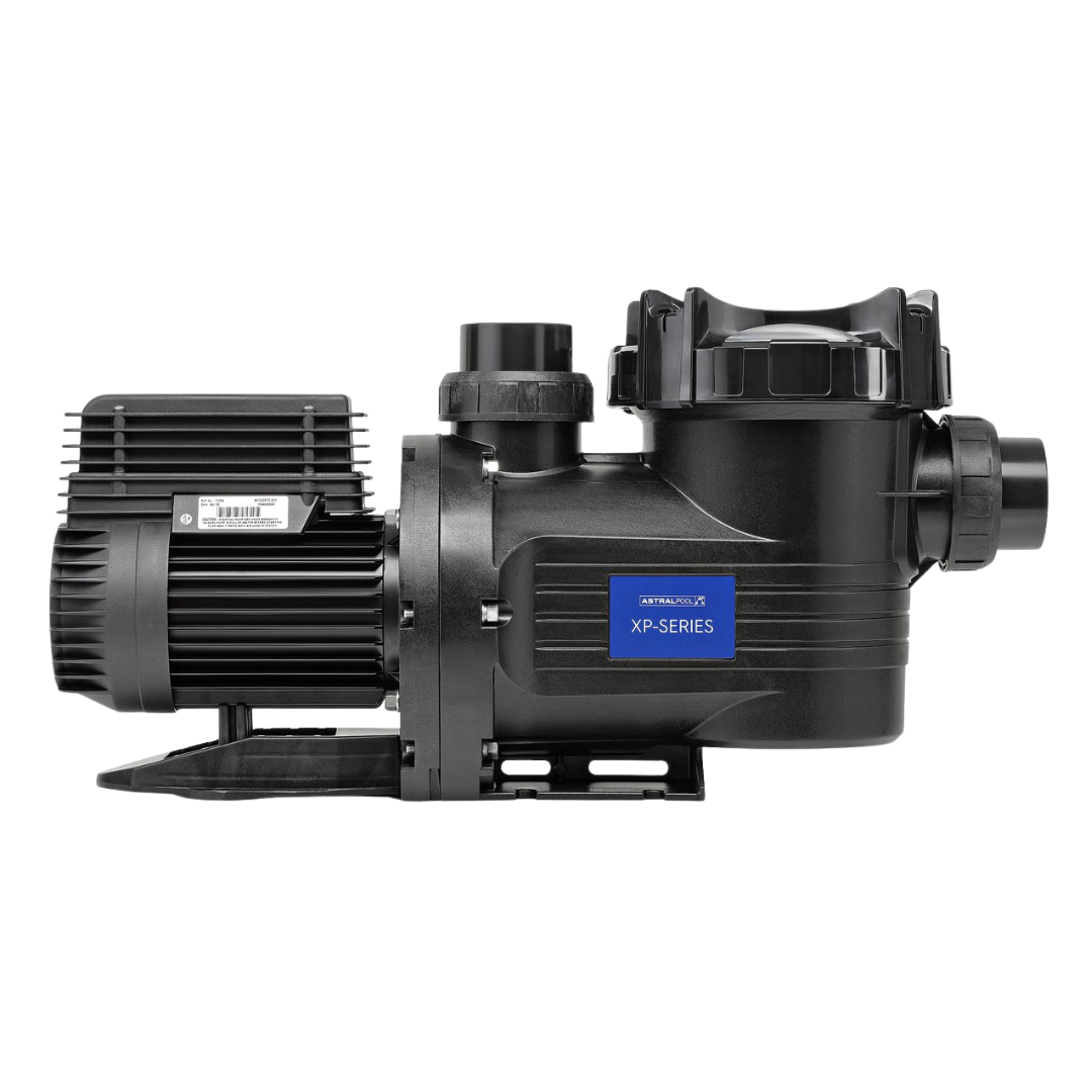 Profile side studio view of an AstralPool XP-Series 2.0 HP pool pump, displaying the black housing, side branding badge, clear strainer lid, unions, and motor casing isolated on white.