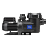 Profile side studio view of an AstralPool XP-Series 2.0 HP pool pump, displaying the black housing, side branding badge, clear strainer lid, unions, and motor casing isolated on white.