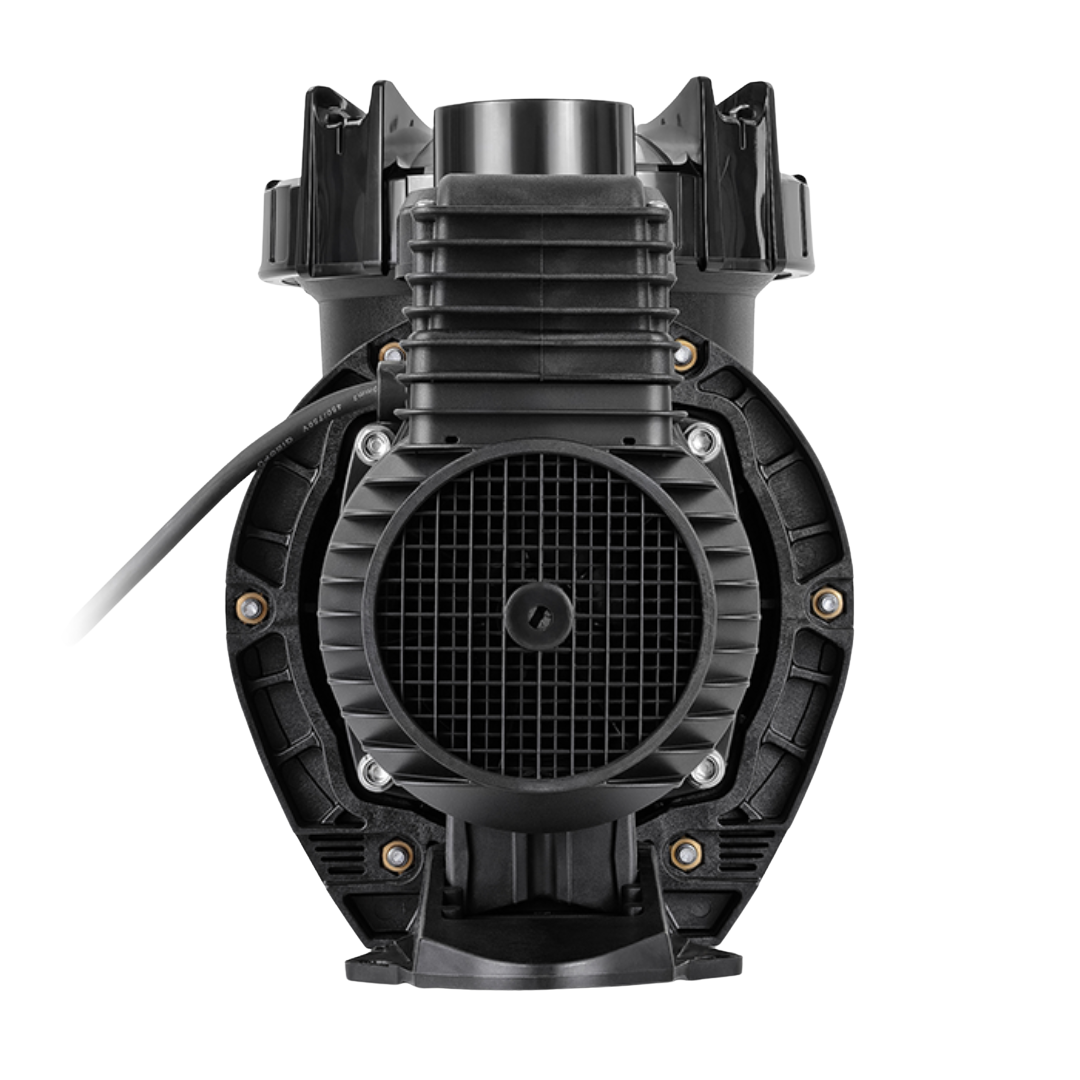 Direct rear studio view of an AstralPool XP-Series 2.0 HP pool pump, showing the ribbed motor fan cowl grid, power cable entry, top terminal box, and mounting base isolated on white.