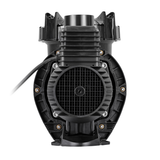 Direct rear studio view of an AstralPool XP-Series 2.0 HP pool pump, showing the ribbed motor fan cowl grid, power cable entry, top terminal box, and mounting base isolated on white.