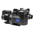 Side studio view of an all-black AstralPool XP-Series 2.0 HP pool pump showing the clear strainer lid, front suction union, top discharge connection, blue branding badge, and ribbed motor housing isolated on white.