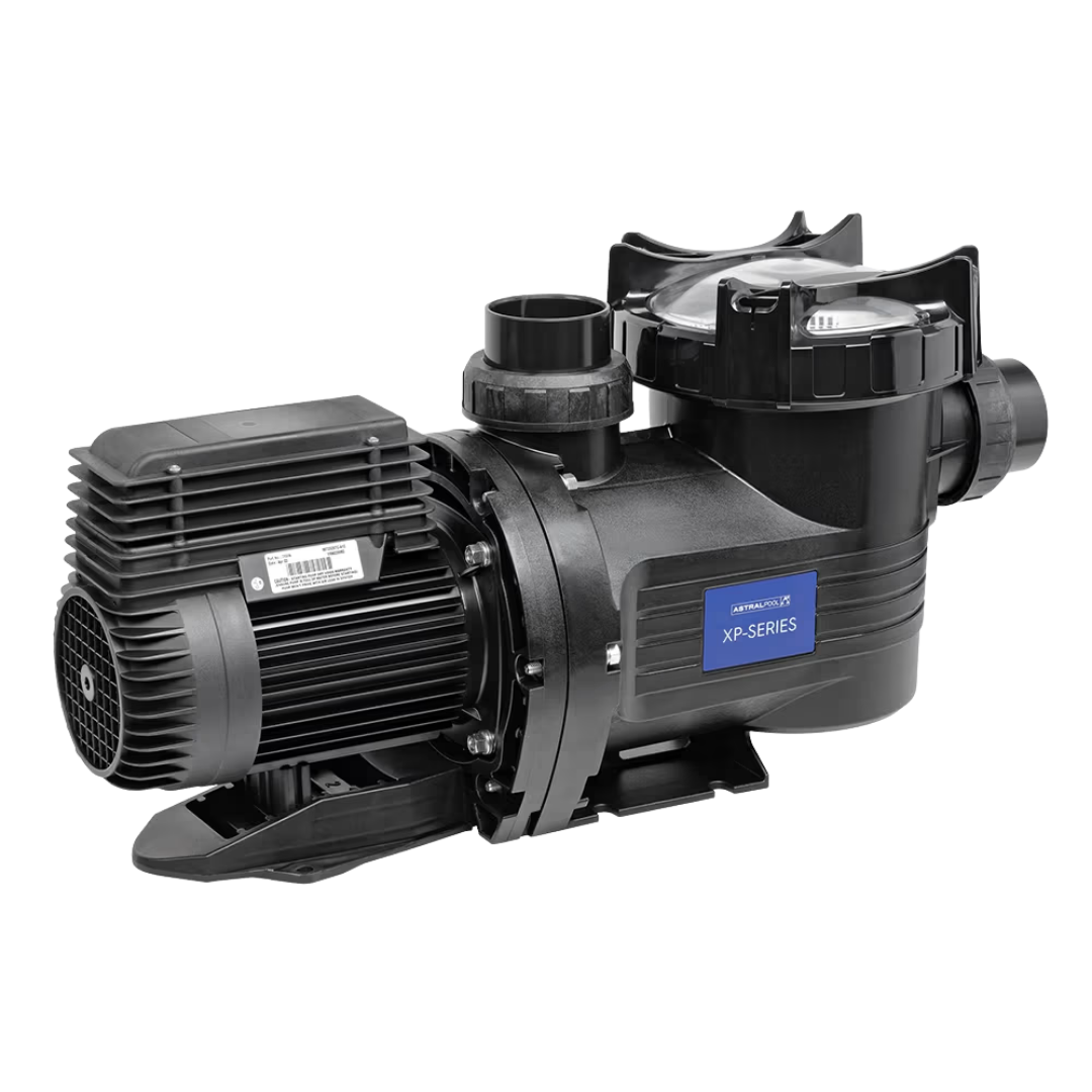 Three-quarter studio view of an AstralPool XP-Series 2.0 HP pool pump, showing the clear lint lid, quick-connect unions, blue XP-Series badge, and rear motor fan shroud isolated on white.