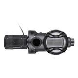 Overhead top-down studio view of an AstralPool XP-Series 2.0 HP pool pump, showing the transparent strainer lid, internal basket mesh, top discharge port, motor terminal box, and power lead extension isolated on white.