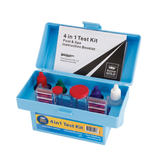 Open Aussie Gold 4-in-1 Test Kit for pools and spas, including liquid reagents and comparator flask to test for chlorine, bromine, pH, total alkalinity, and acid demand.