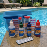 Complete Aussie Gold 4-in-1 Test Kit displayed poolside, featuring liquid pH and alkalinity solutions, DPD No. 1 chlorine tablets, and a dual-vial comparator block for swimming pool and spa maintenance.