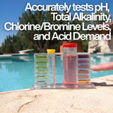 Aussie Gold 4-in-1 test kit comparator block poolside showing colored water samples for pH and chlorine testing, with text: "Accurately tests pH, Total Alkalinity, Chlorine/Bromine Levels, and Acid Demand."