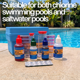 Aussie Gold 4-in-1 Test Kit with liquid reagents and DPD tablets poolside, with text: "Suitable for both chlorine swimming pools and saltwater pools."