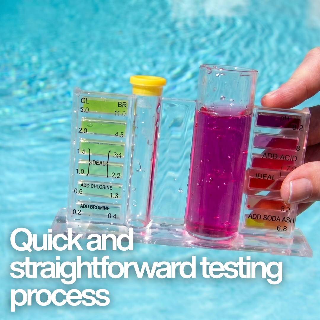 A hand holding an Aussie Gold 4-in-1 comparator block with a pink pH sample, poolside with text: "Quick and straightforward testing process," for monitoring chlorine, bromine, and acid demand.