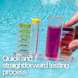 A hand holding an Aussie Gold 4-in-1 comparator block with a pink pH sample, poolside with text: "Quick and straightforward testing process," for monitoring chlorine, bromine, and acid demand.