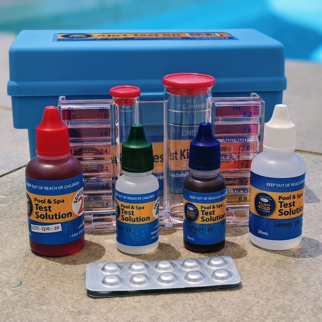 Comprehensive view of the Aussie Gold 4-in-1 Test Kit components, featuring pH and Alkalinity test solutions, DPD No. 1 chlorine tablets, and a dual-chamber comparator block poolside.
