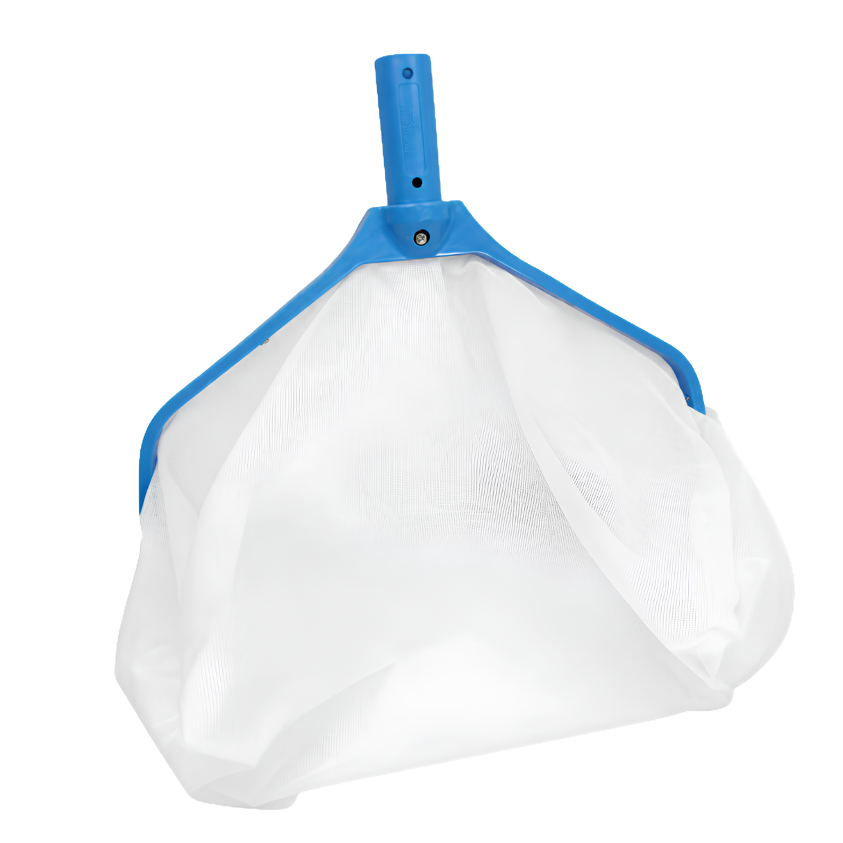 Front studio view of an Aussie Gold heavy duty blue pool leaf rake featuring an extra deep white mesh pocket net for collecting large volumes of leaves and debris.