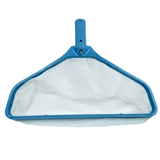 Front view of an Aussie Gold heavy duty blue swimming pool leaf rake with a reinforced wide frame and a deep white fine mesh debris net bag.