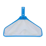 Front view studio product photo of the Aussie Gold Leaf Rake deep-pocket pool skimmer net on an isolated white background, featuring a blue frame and white mesh netting.