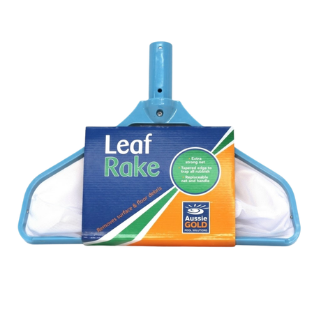 Front view studio product photo of the Aussie Gold Leaf Rake deep-pocket pool skimmer net on an isolated white background, featuring a blue heavy-duty frame, white mesh netting, and retail brand packaging wrap.