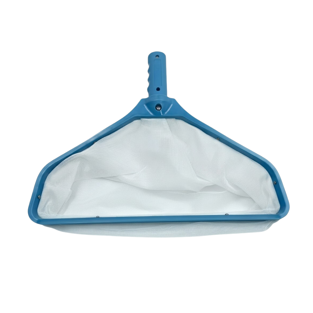 Top-down angled studio product photo of the Aussie Gold Leaf Rake deep-pocket pool skimmer net on an isolated white background, highlighting the wide plastic scoop rim and interior mesh bag.
