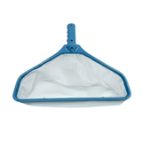 Top-down angled studio product photo of the Aussie Gold Leaf Rake deep-pocket pool skimmer net on an isolated white background, highlighting the wide plastic scoop rim and interior mesh bag.