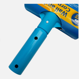  Close-up view of the blue plastic handle connection on an Aussie Gold pool wall and corner brush showing pin holes for telescopic pool pole attachment.