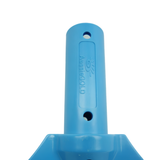 Close up view of a blue Aussie Gold pool leaf rake replacement handle featuring the embossed logo and dual holes for telescopic pole wishbone V-clips