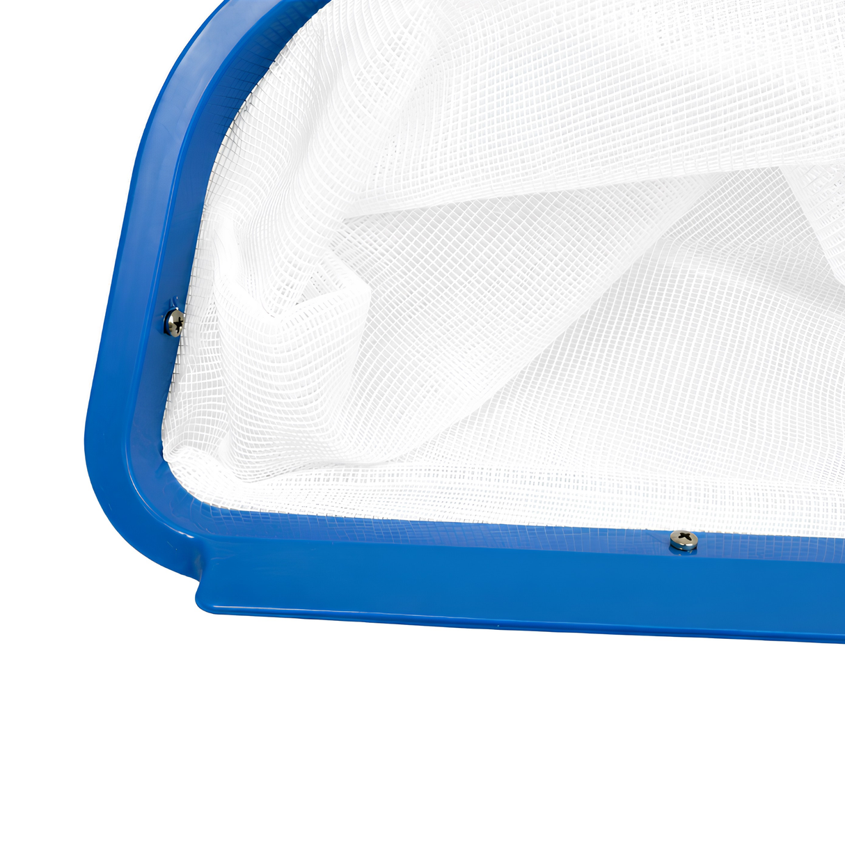 Close up view of the reinforced blue frame corner and white mesh net attached with stainless steel screws on an Aussie Gold pool leaf rake.