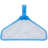 Front view of Aussie Gold blue swimming pool leaf rake featuring a deep white fine mesh net pocket and a universal connection handle.