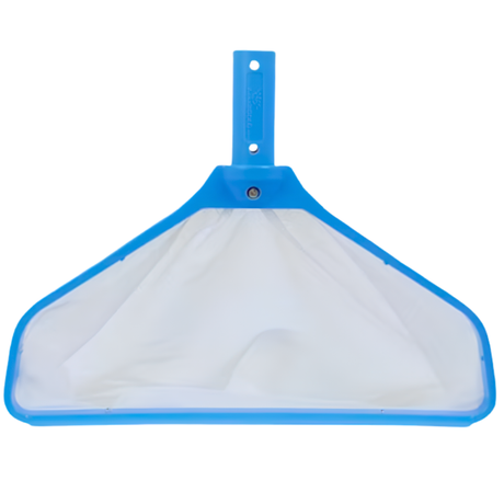 Front view of Aussie Gold blue swimming pool leaf rake featuring a deep white fine mesh net pocket and a universal connection handle.