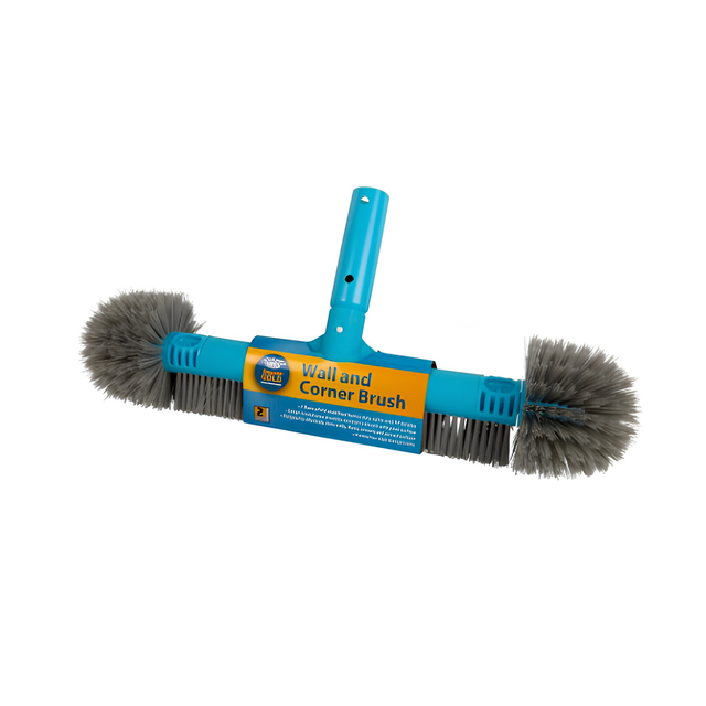 Blue Aussie Gold heavy duty swimming pool wall and corner broom brush attachment with stiff grey bristles and dual rounded end bristles for cleaning hard to reach corners.