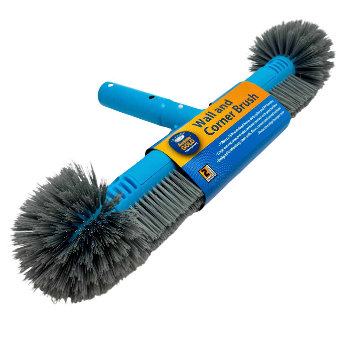 Aussie Gold heavy-duty pool wall and corner cleaning brush with blue handle and grey UV-stabilized nylon bristles