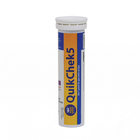 Bottle of Aussie Gold QuikChek5 5-in-1 pool and spa test strips, used to measure free chlorine, bromine, pH, total alkalinity, and total hardness.
