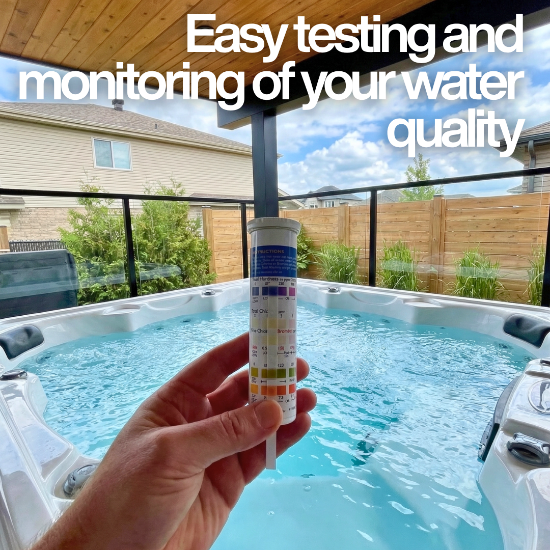 A hand holding an Aussie Gold QuikChek5 test strip against the bottle's color chart over a clear spa, with text: "Easy testing and monitoring of your water quality."