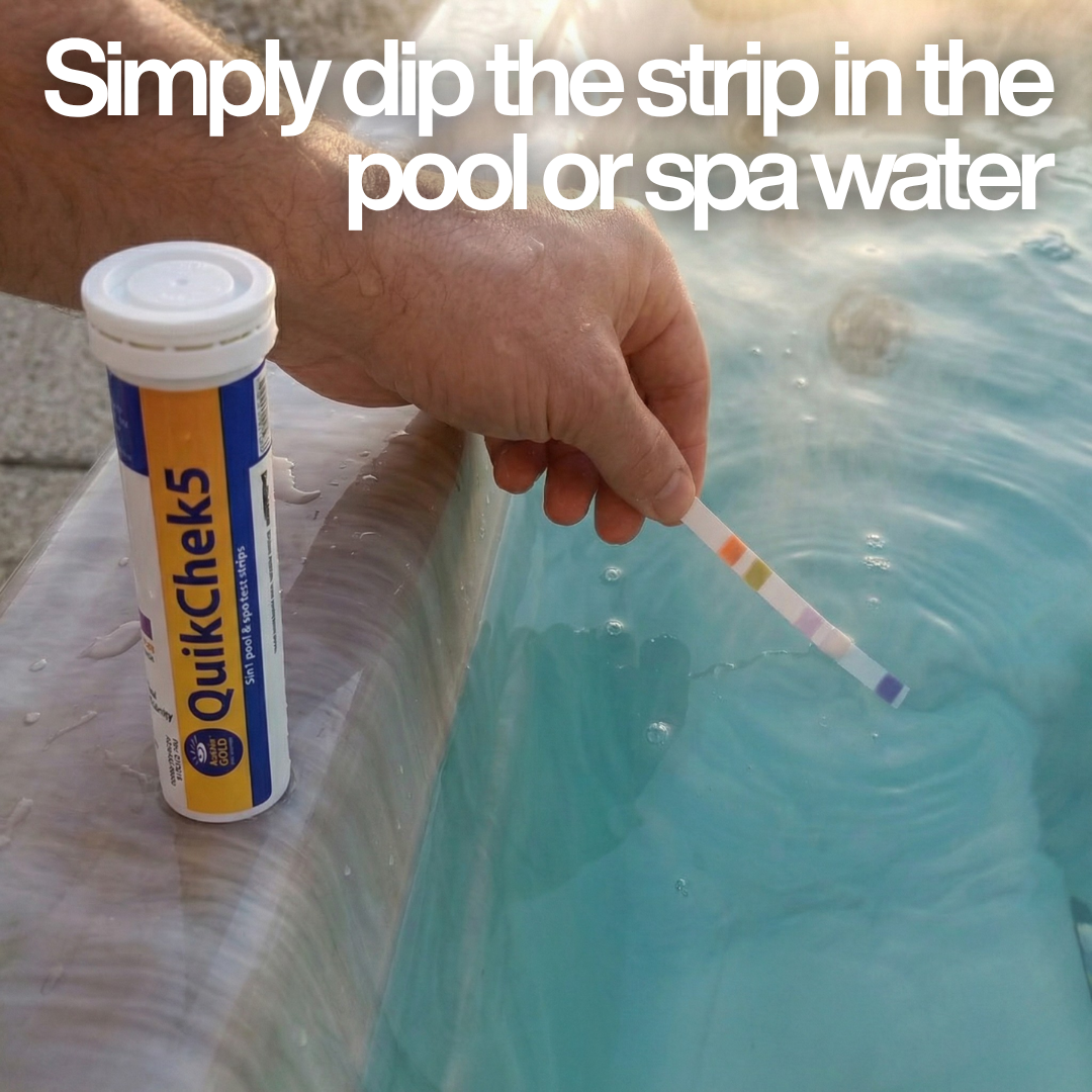 A hand dipping an Aussie Gold QuikChek5 test strip into spa water with text: "Simply dip the strip in the pool or spa water," demonstrating the easy 5-in-1 testing process.