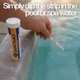 A hand dipping an Aussie Gold QuikChek5 test strip into spa water with text: "Simply dip the strip in the pool or spa water," demonstrating the easy 5-in-1 testing process.