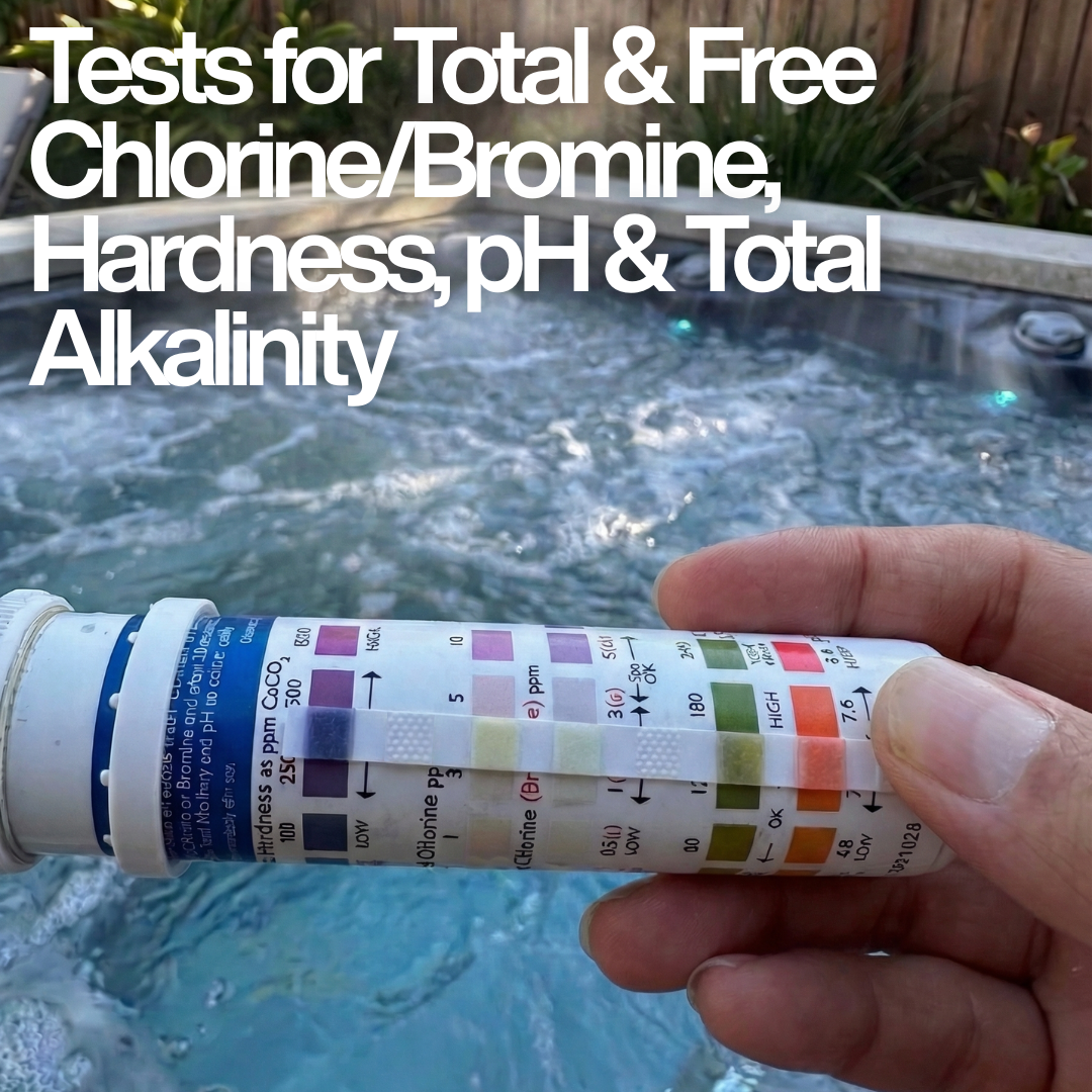 Close-up of a hand holding an Aussie Gold QuikChek5 test strip against the bottle chart with text: "Tests for Total & Free Chlorine/Bromine, Hardness, pH & Total Alkalinity."