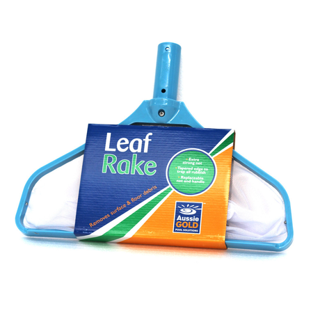 Aussie Gold heavy duty swimming pool leaf rake with deep fine mesh net and tapered scoop edge for floor and surface debris cleaning