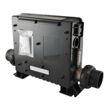 Rear perspective view of a Balboa BP Series spa control pack showing mounting feet, wiring layout port, and a quality control test pass label