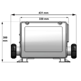 Technical dimension schematic diagram of a Balboa BP2100 spa control pack showing structural measurements of 431mm total width, 330mm box width, and 300mm total height
