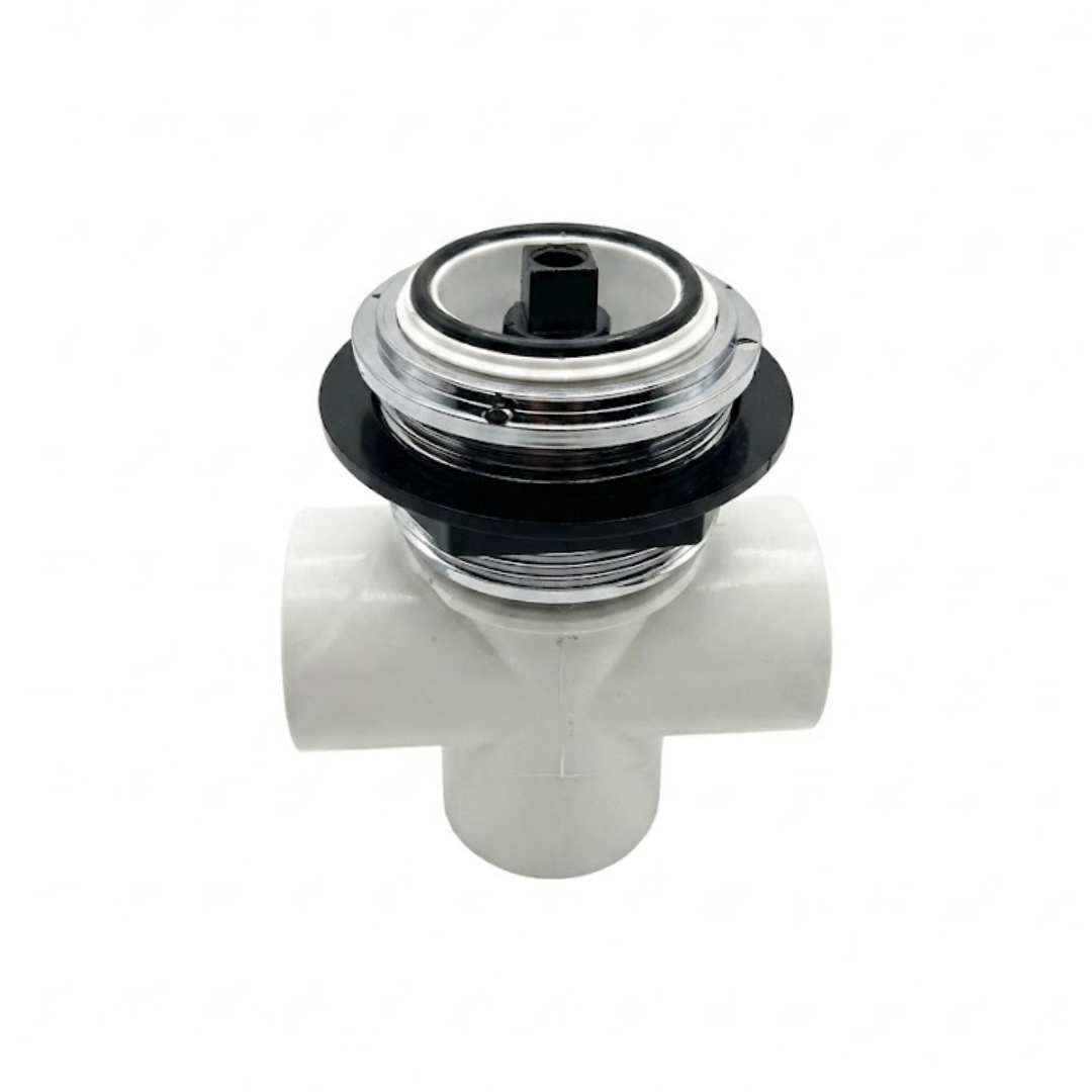An angled front view of a white Balboa HydroAir 3 way diverter valve showing the chrome threaded deck collar over the black plastic washer ring and square top stem