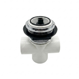 An angled front view of a white Balboa HydroAir 3 way diverter valve showing the chrome threaded deck collar over the black plastic washer ring and square top stem