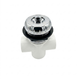 An angled front view of a white Balboa HydroAir 3 way diverter valve showing the rounded polished chrome bezel cap tightened over the black mounting washer