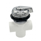 An angled front view of a fully assembled white Balboa HydroAir 3 way diverter valve highlighting the polished chrome teardrop lever handle and scalloped cap