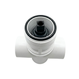A top down view looking into a white Balboa HydroAir 3 way diverter valve body showing the upper black rubber O ring and the square internal black plastic stem plunger
