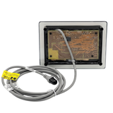 Rear view of a Balboa SpaTouch 2 topside control panel showing the exposed circuit board, waterproof black sealing casing, and the attached grey connection cable with labels.