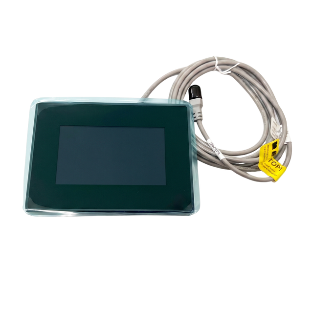 Balboa SpaTouch 2 touchscreen topside control panel with a coiled grey cable and a black connector icon plug, designed for Island and Tidal Fit hot tubs.