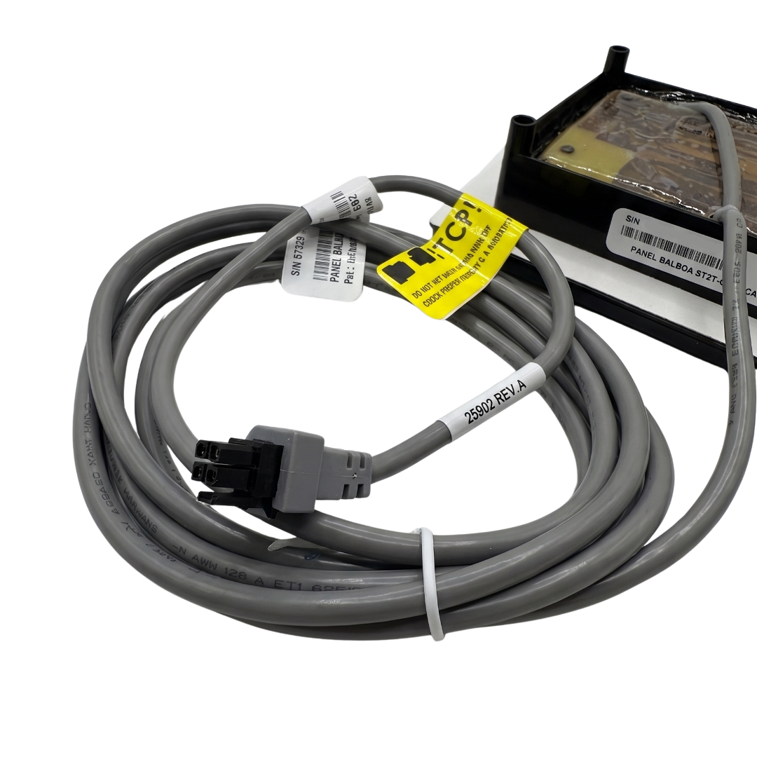 Close-up of the grey connection cable for a Balboa SpaTouch 2 topside panel, showing the 4-pin connector plug, a yellow warning tag, and the white part number label 25902 REV.A.
