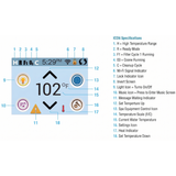 An icon specifications diagram for the Balboa SpaTouch 2 control panel screen, mapping out numbered status indicators such as High Temperature Range, Ready Mode, Filter Cycle, and Settings Icon.
