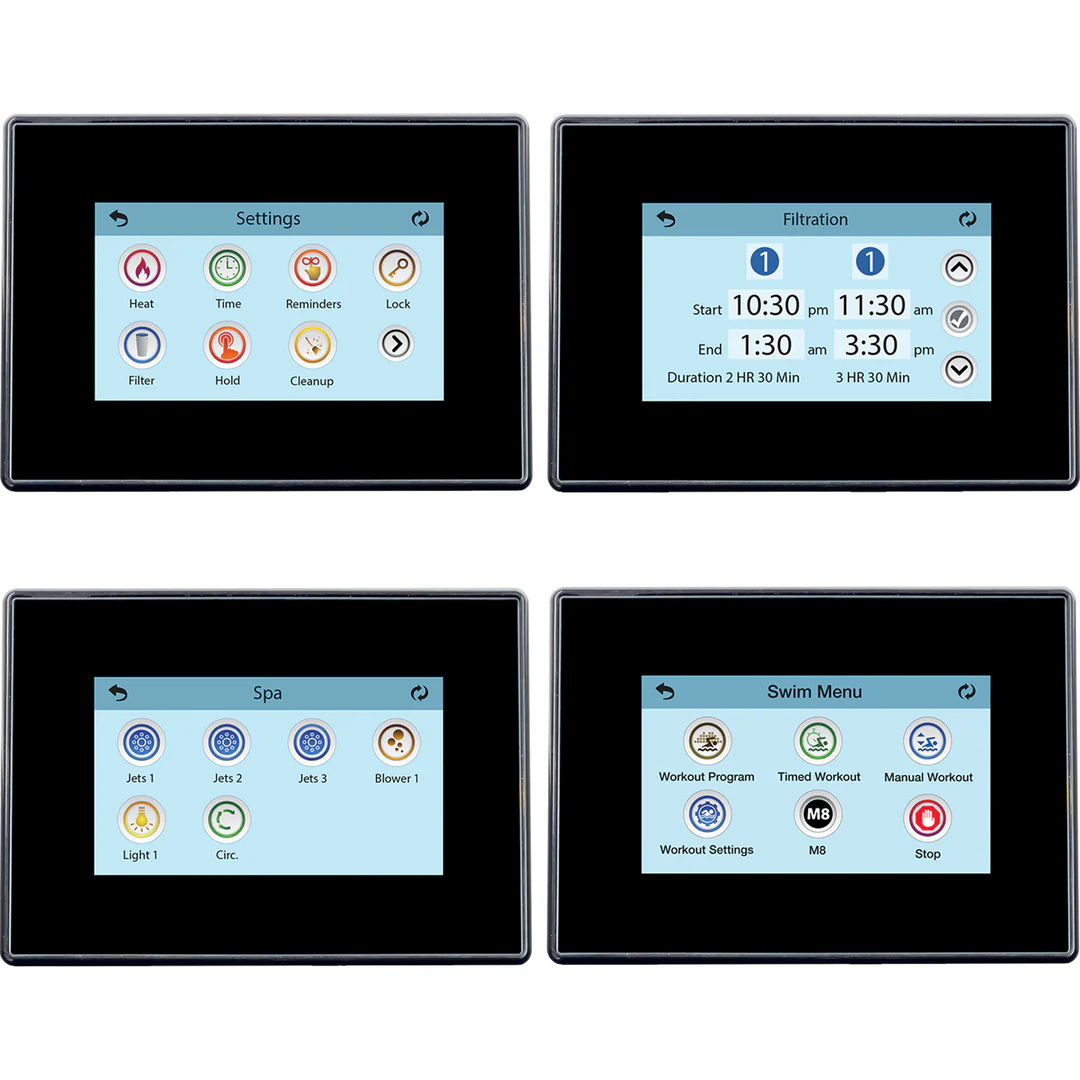 Four product screens showing the user interface of a Balboa SpaTouch 2 control panel, including the Settings, Filtration schedules, Spa equipment controls, and Swim Menu options.