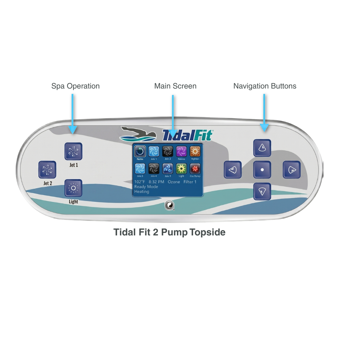 Close-up of the center display window on a replacement Balboa TP800 TidalFit 2-pump swim spa overlay sticker, showing the clear rectangular screen cutout and blue TidalFit branding logo.